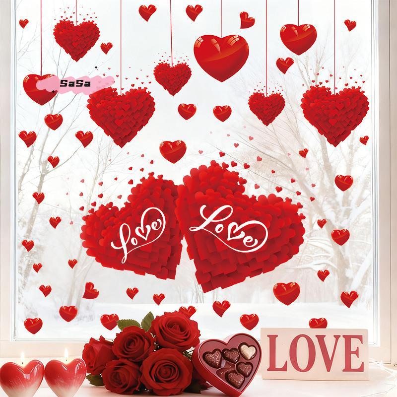 Valentine's Day Heart Shaped Wall Window Stickers Festive Party Decorations for Home Shop Restaurant Create Romantic Atmosphere