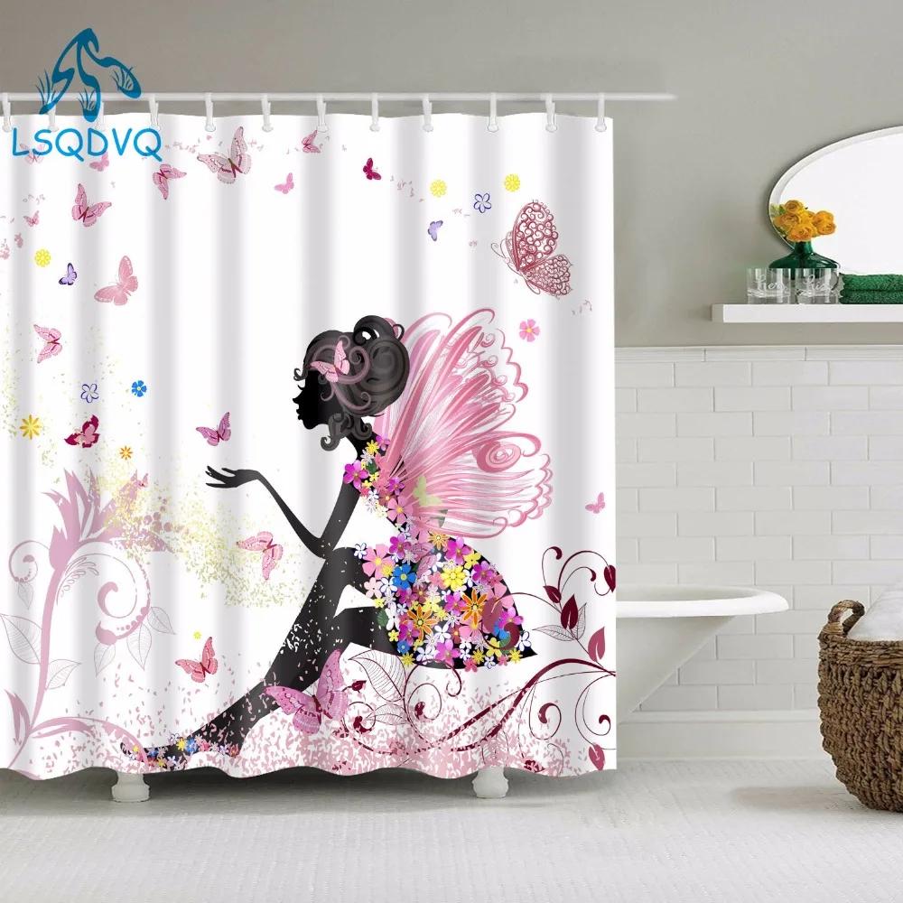 Beautiful Floral Fairy Shower Curtains Portrait Women Girl Waterproof Bath Curtain Bathroom Curtain Shower Curtain Hooks