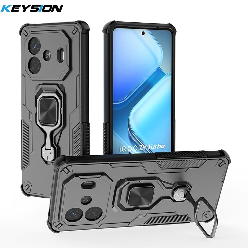 KEYSION Shockproof Armor Case for IQOO Z9 Turbo Soft Silicone+PC Upright Metal Ring Stand Phone Cover for IQOO Z9 Turbo+ Z9 5G