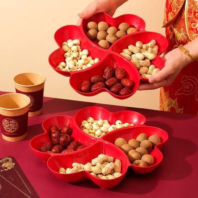 Festive Red Dried Fruit Platter Fruit Four-Grid Plate Household Large Candy Plate Seasoning Plate Creative Dried Fruit Plate