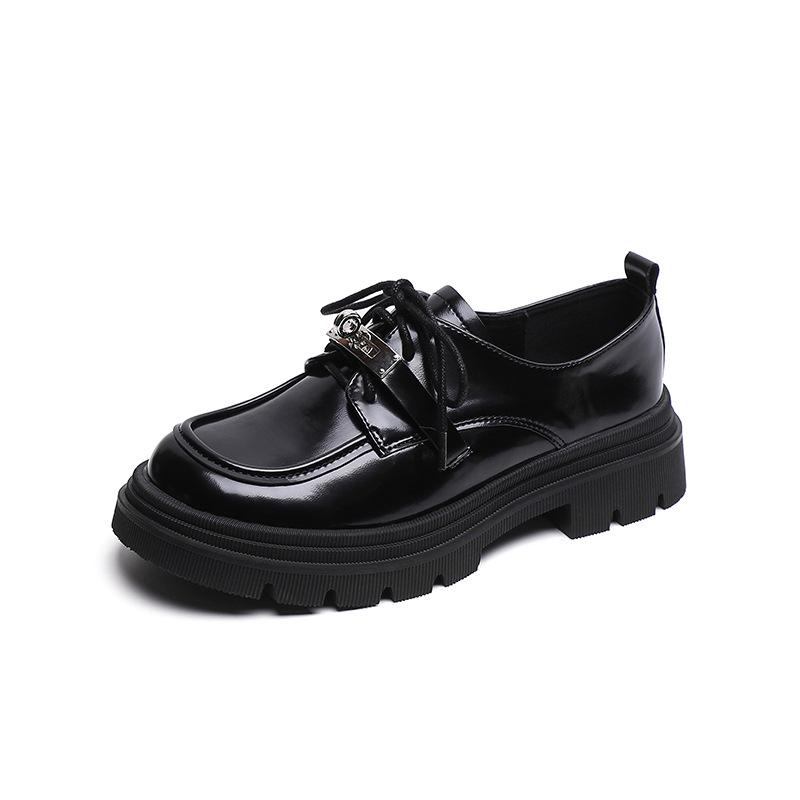 thick-soled women's spring and autumn lace-up retro small leather shoes thick heel soft sole large size women's shoes