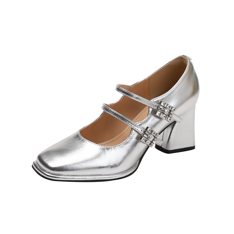 Square Head French Silver High-heeled Mary Jane Shoes One-button Rhinestone Thick-heeled Single Shoes for Female High School Students, Beautiful High