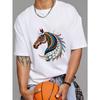 Herren Weißes T-Shirt mit Buntem Pferdekopf Stammesmuster Design für Freizeitkleidung