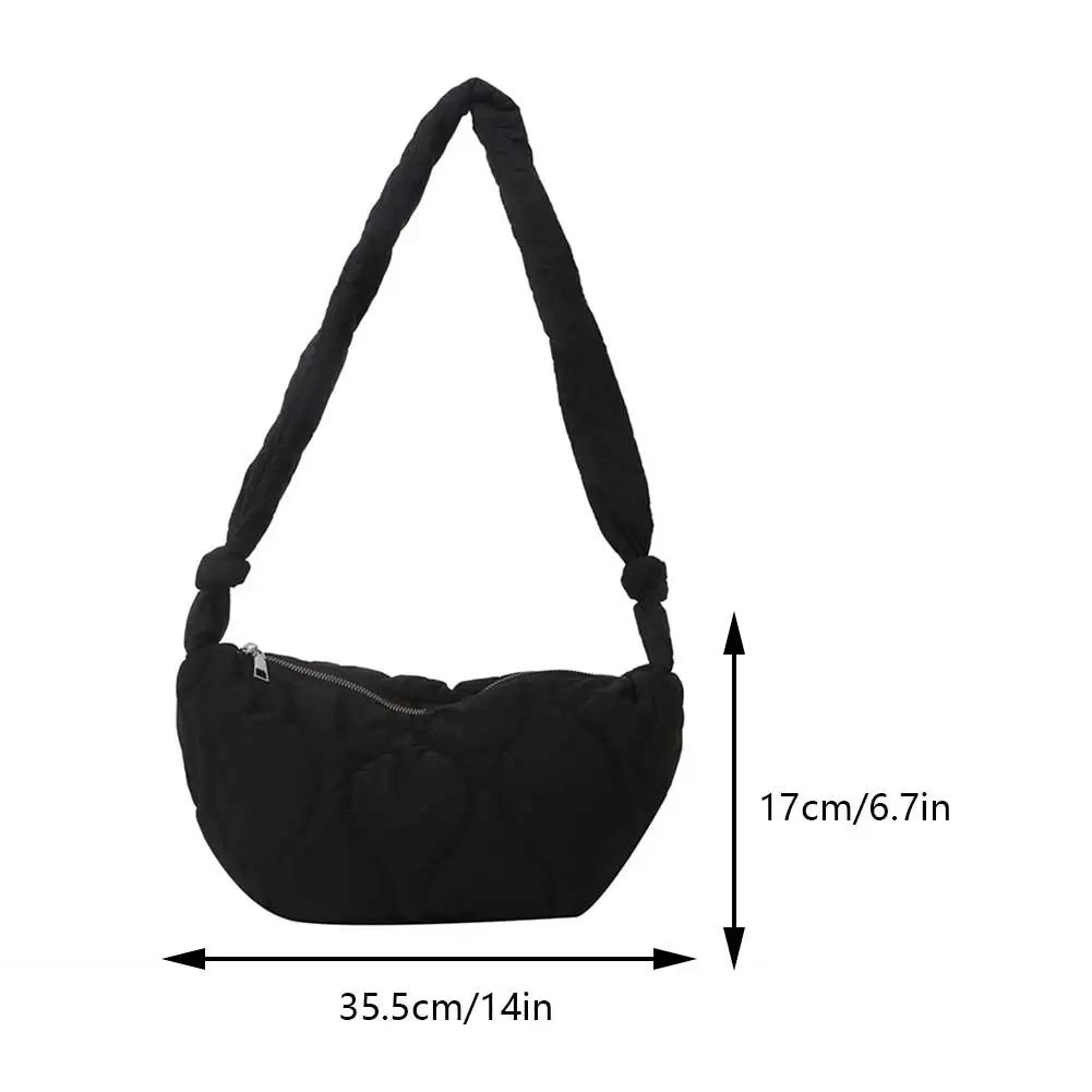 Female Puffer Shoulder Bag Trendy Soft Down Cotton Underarm Bag with Zipper Quilted Simple Crossbody Bag Solid Color Lightweight