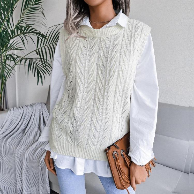 Women Crew Neck Sleeveless Knit Sweater Solid Color Tank Top Cutout Leaf Design Fall Winter Sizes S-L