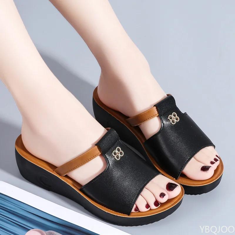Fashion 2025 Womens Summer Slipper Retro Wedge female Casual Sandals Premium Open Toe Genuine leather sandal Vintage Non-Slip slipper