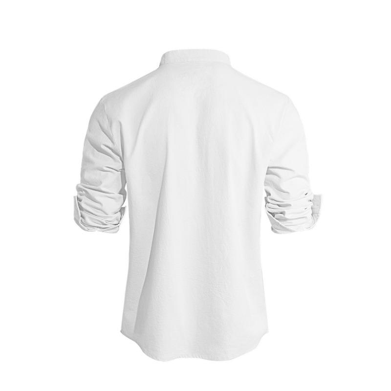 Spring New Men's Solid Color Stand Up Collar Long Sleeved Cotton and Linen Fashionable Casual Top