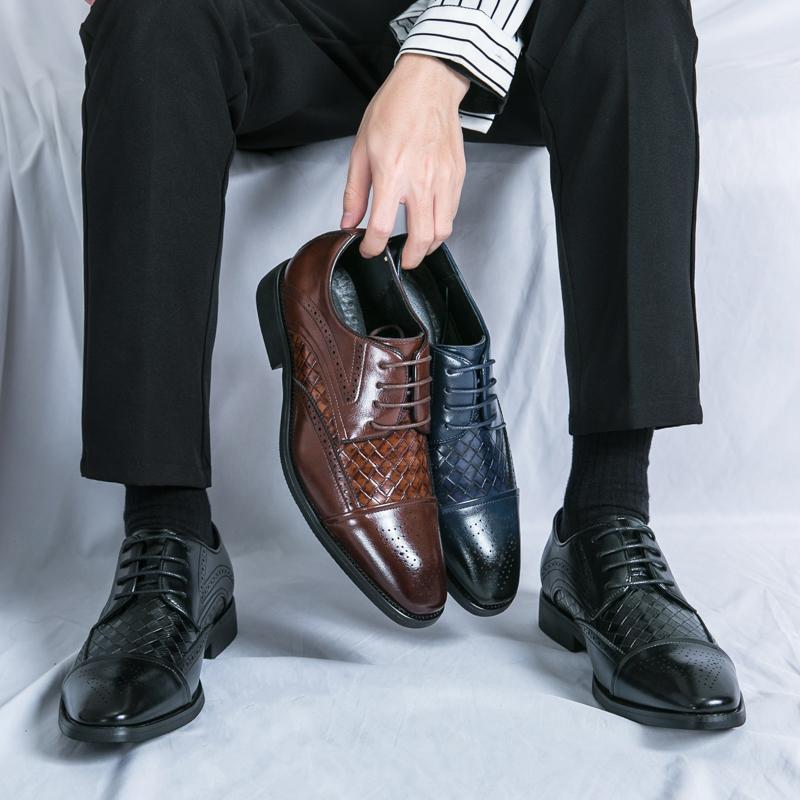 Men's Woven Leather Dress Shoes Mens Classic Vintage Derby Brogue Shoes Fashion Men Lace-Up Business Office Party Wedding Shoes