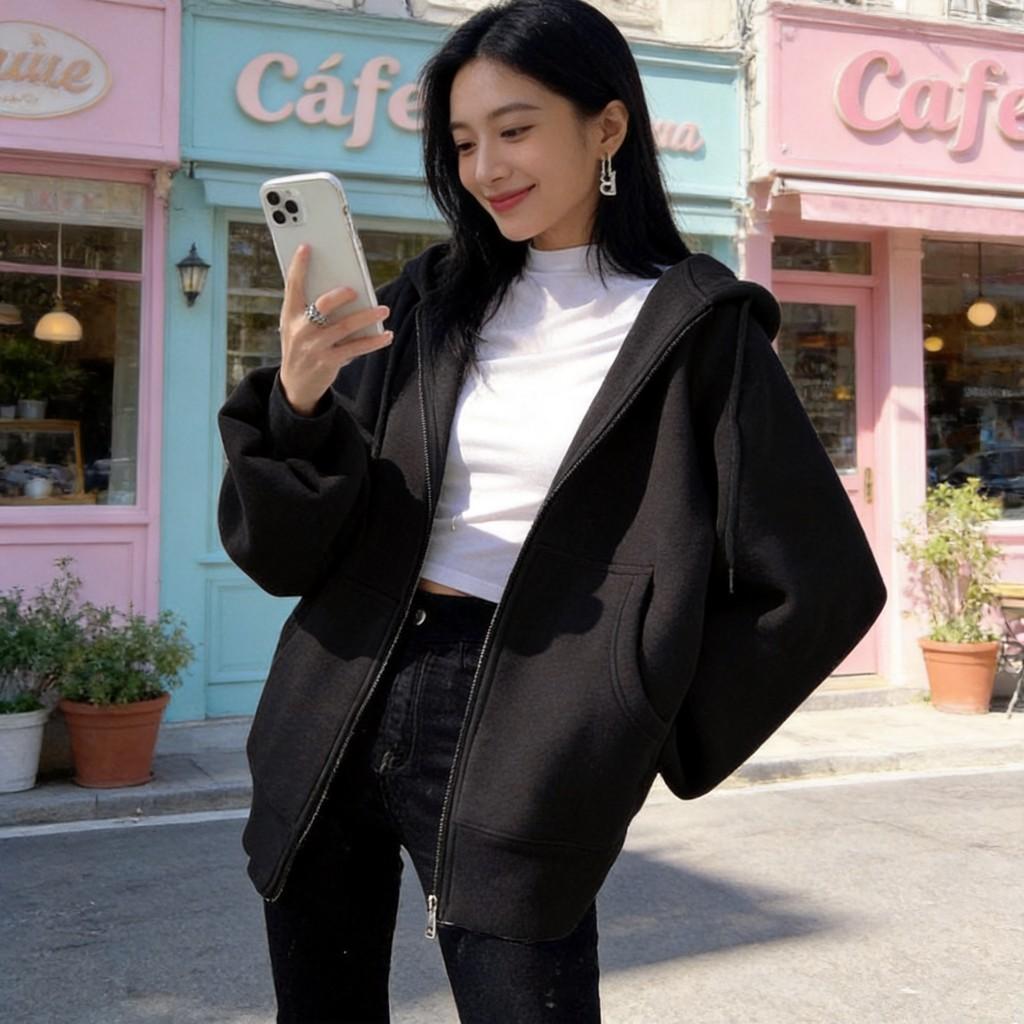 Geometric Pattern Hooded Zipup Sweatshirt For Women Casual Spring Fashion