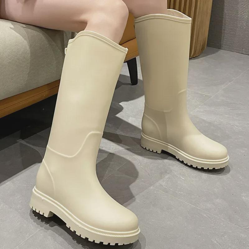 Stylish Women's Waterproof Non-Slip Long Rain Boots - Wear-Resistant Rubber with Warm Cotton Lining