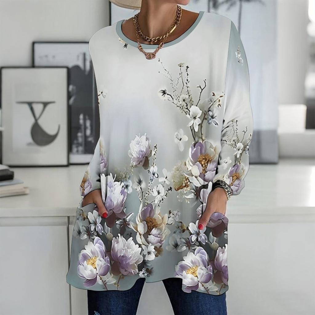 Plus Size Women Round Neck Long Sleeve Tee Soft Loose Tops For Daily Stroll And Indoor Rest