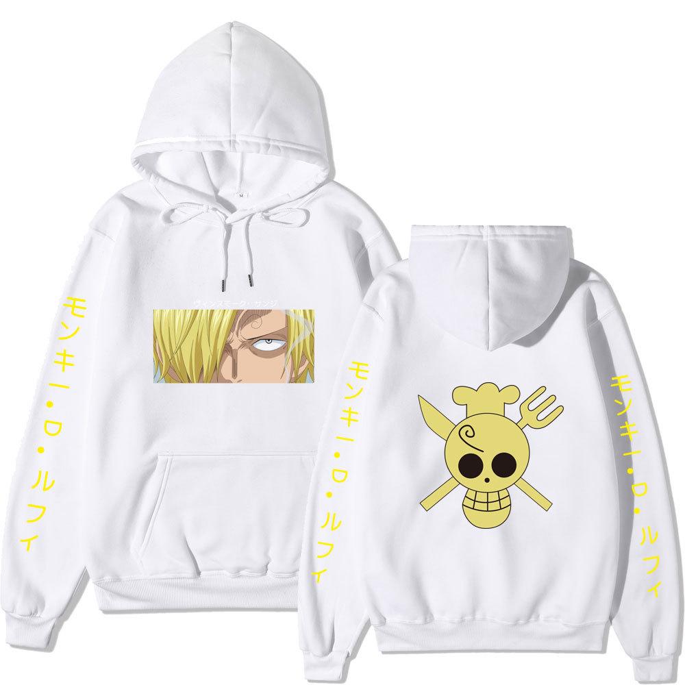 One Piece Sanji Hoodie, Chef Pirate Skull Logo Japanese Letter Sleeve Print Pullover Sweatshirt Unisex Streetwear