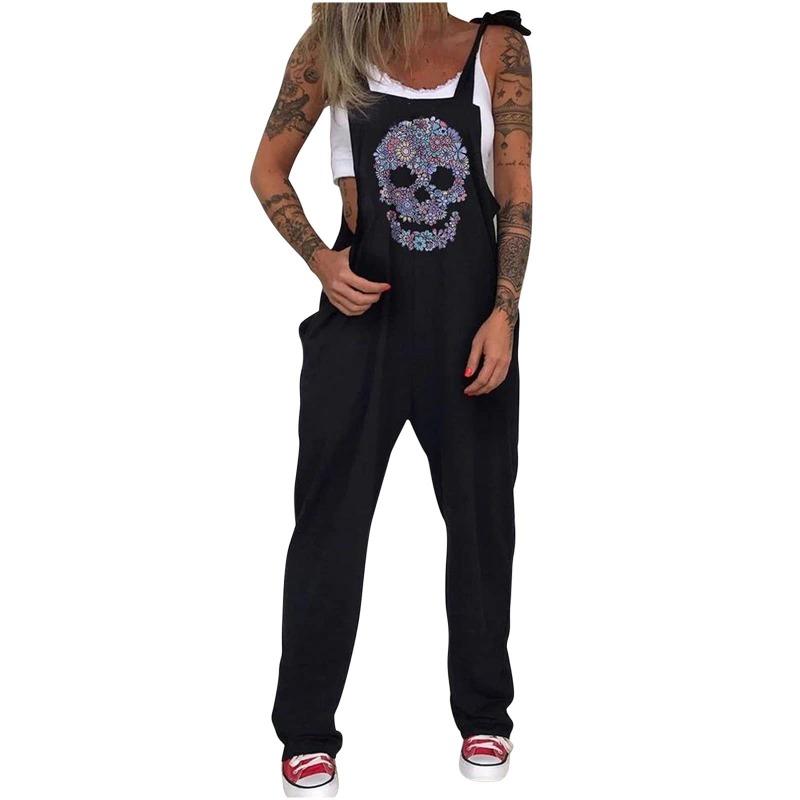 Mono Estampado Calavera Crisantemo Babero Pantalones Pantalones Largos