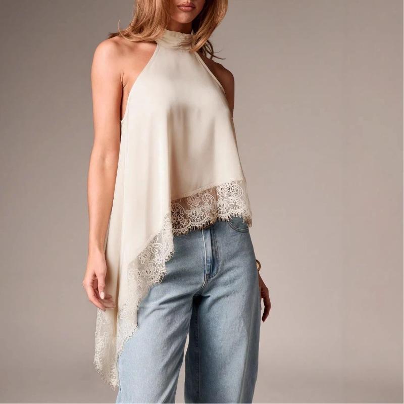 Summer New Women's Fashionable Sleeveless Satin Halter Neck Top with Lace Trim