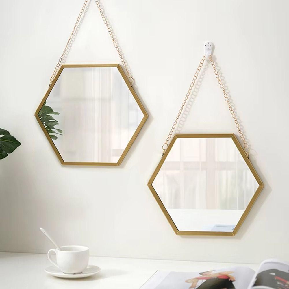 Wrought Iron Nordic Decorative Mirror Round/Hexagonal/Rectangle Wall Hanging Mirror  Bathroom