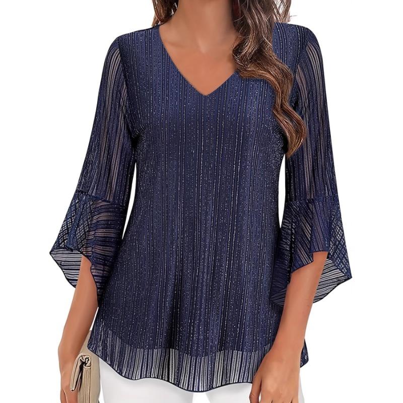 Women Elegant Silver Thread Inlaid Elastic Mesh Spliced Double Layer V Neck Flared Sleeve Blouse
