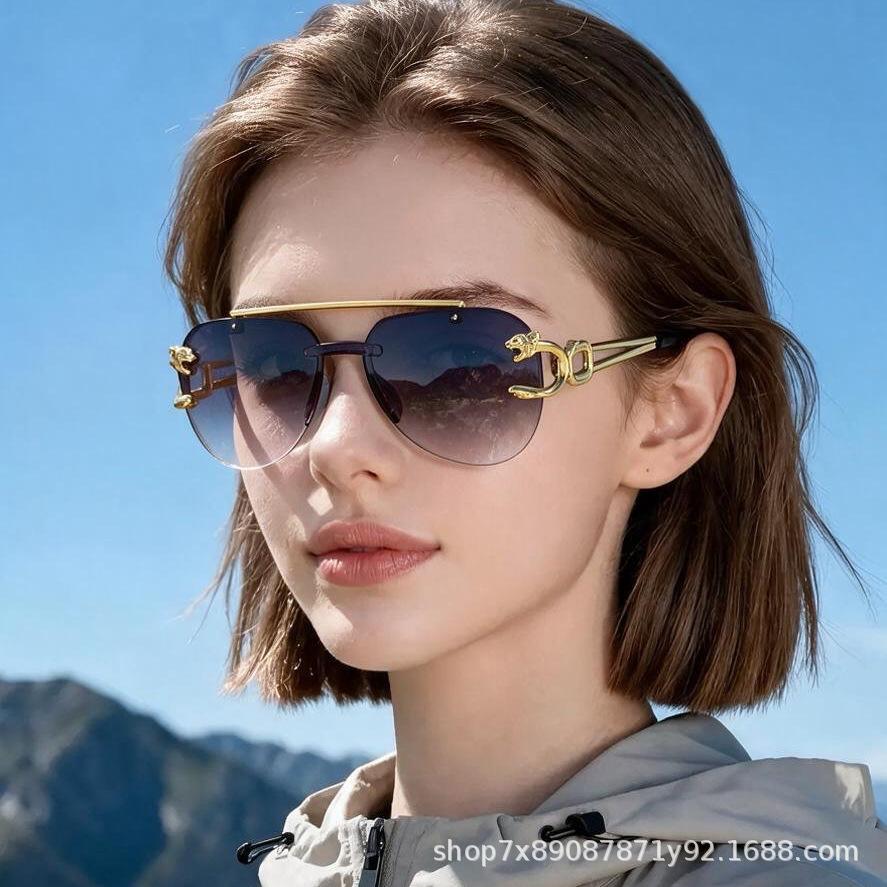 Double beam frameless sunglasses women's UV protection trend personalized fashion toad glasses European and American men's sunglasses