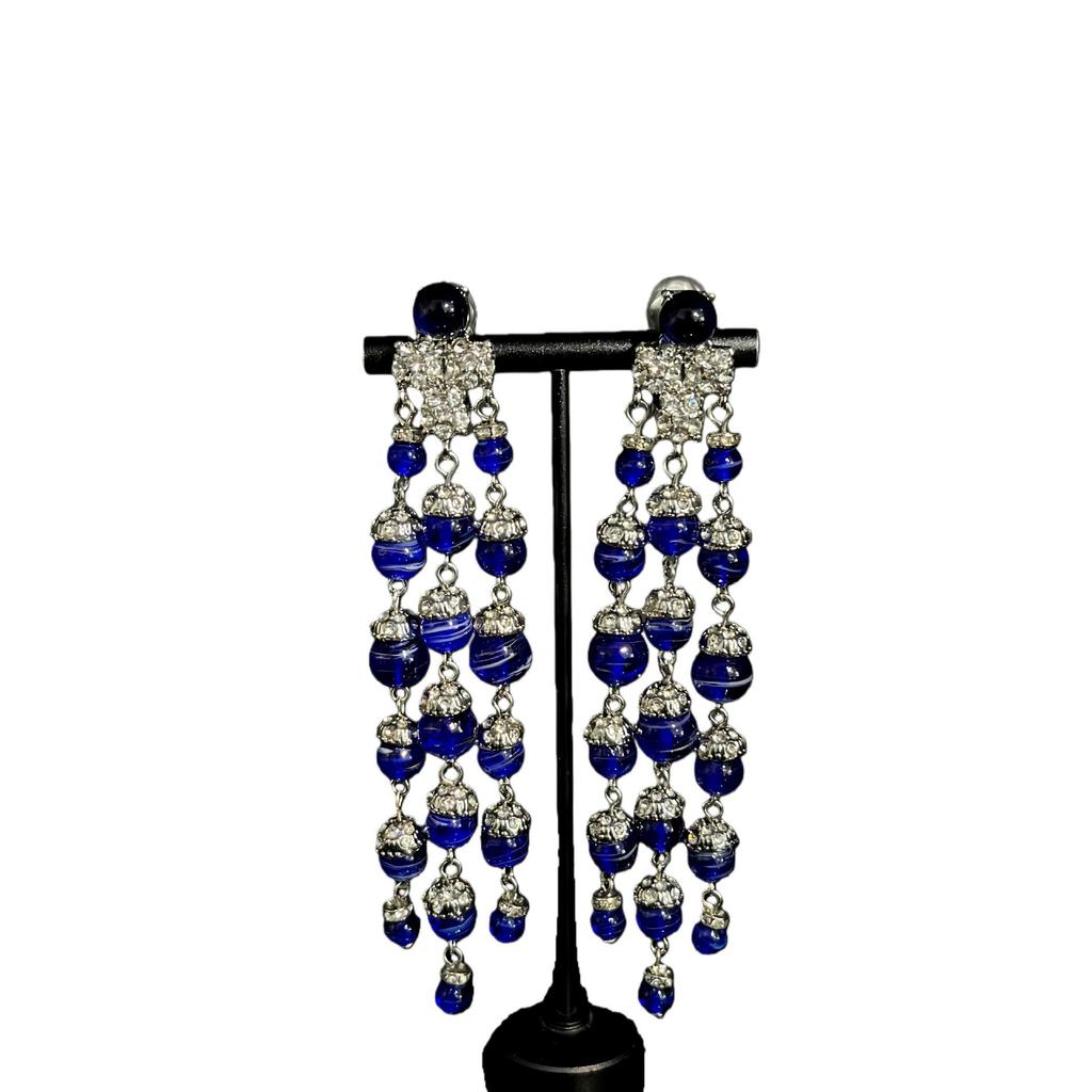 Elegant Blue Glaze Diamond Tassel Clip Earrings for Formal Gowns