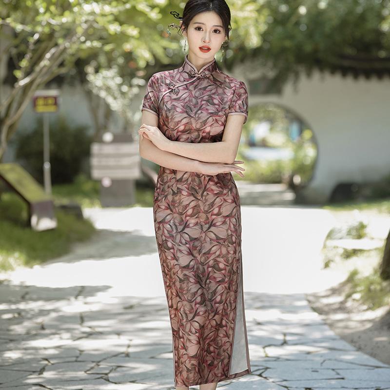 1011 New Chinese style national style spring and summer new cheongsam dress temperament satin dress cheap performance clothes