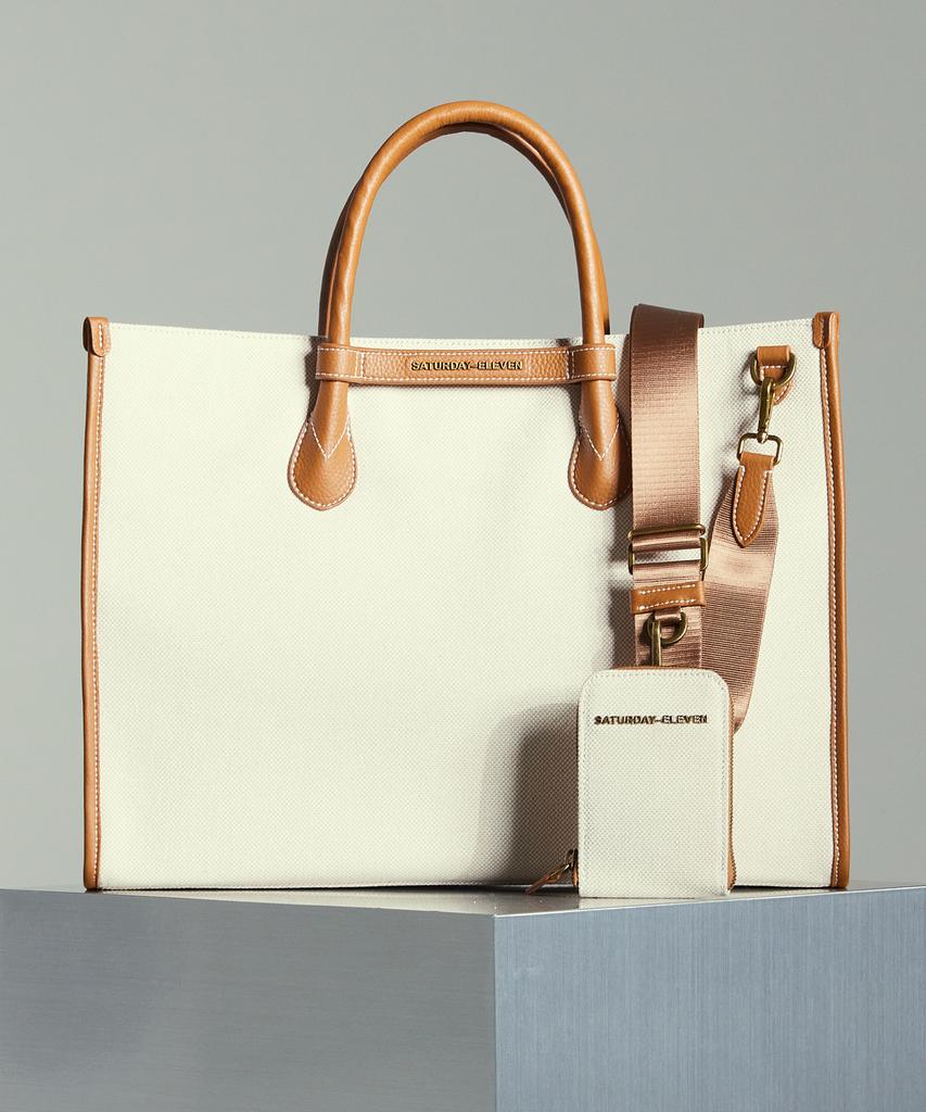 Saturday Eleven Two-Tone Canvas Leather Bridge Tote Bag _ Brown Ivory