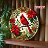 Vintage Red Cardinal Poinsettia Round Metal Tin Sign Christmas Wall Art Home Decor