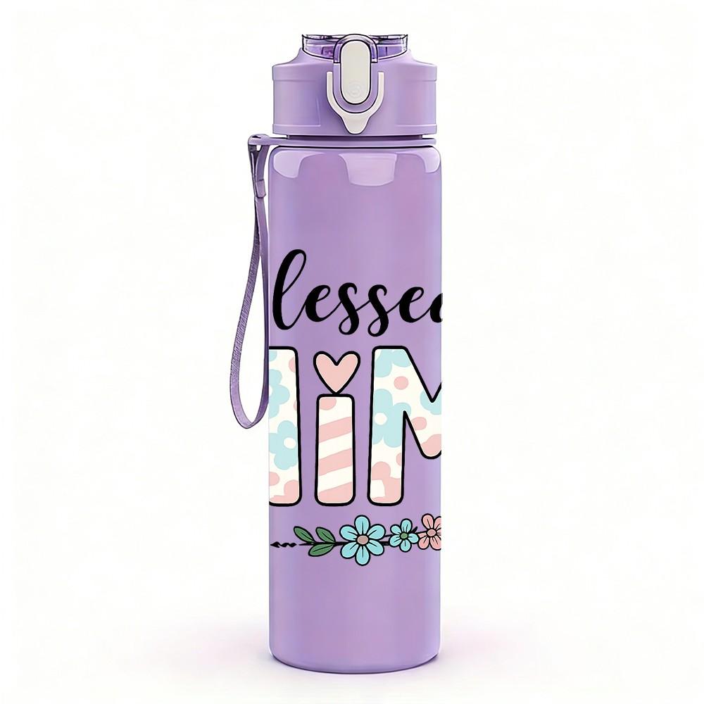 1PC Blessed Mimi Floral Color Letter 750ml Color Plastic Sports Water Bottle Leakproof Flip Straw Lid Suitable for Sports Office Home Use