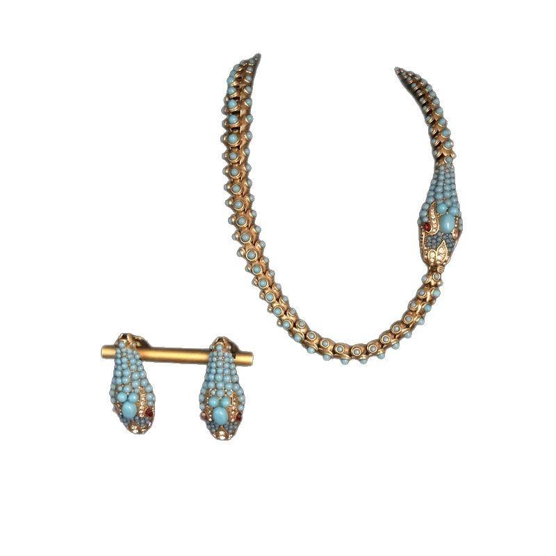 KEQIU Recycled aged gold snake-shaped necklace stud earring ancient-style , turquoise inlaid heavy industry jewelry