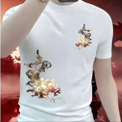 Męski T-shirt z krótkim rękawem w nowym stylu krajowym na wiosnę i lato, drukowany, mikro-slim i wszechstronny top z okrągłym dekoltem