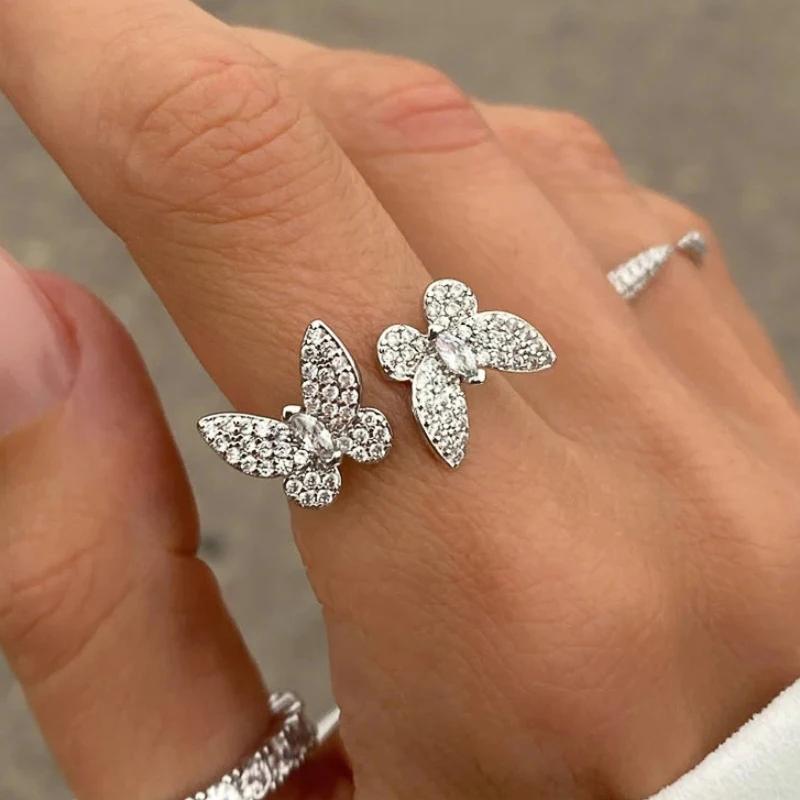 Huitan Sweet Double Butterfly Opening Rings Female Brilliant Delicate Cubic Zircon Accessories Delicate Elegant Wedding