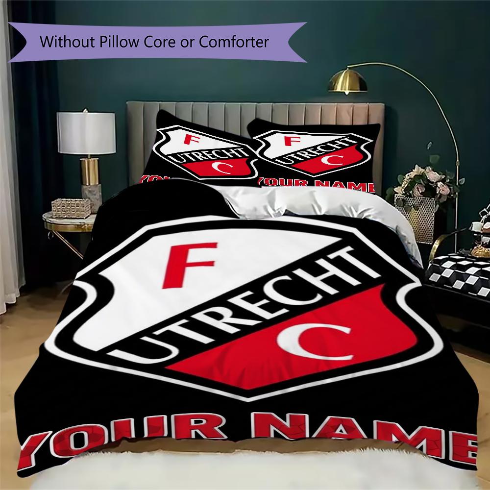 Benutzerdefinierter Name FC Utrecht Muster Bettwäsche Steppdecke Set Steppdecke Bezug Kissenbezug Heimdekoration Geburtstagsgeschenk (1*Bettbezug+2*Kissenbezug ohne Füllung)