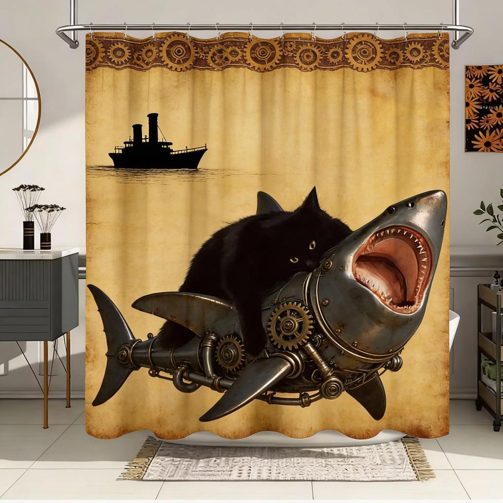 Unique Cat Riding Shark Shower Curtain - Waterproof, Mildew-Resistant With Ocean Adventure Design For A Quirky And Fun Bathroom