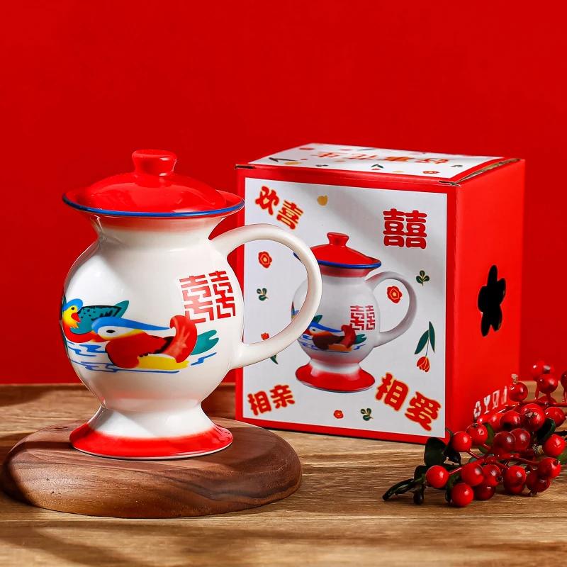 Mug Ceramic Spittoon Shape Water Cup Animal Printing in-Glaze Decoration Retro Funny Personalized Custom Red Blue Chinese Style