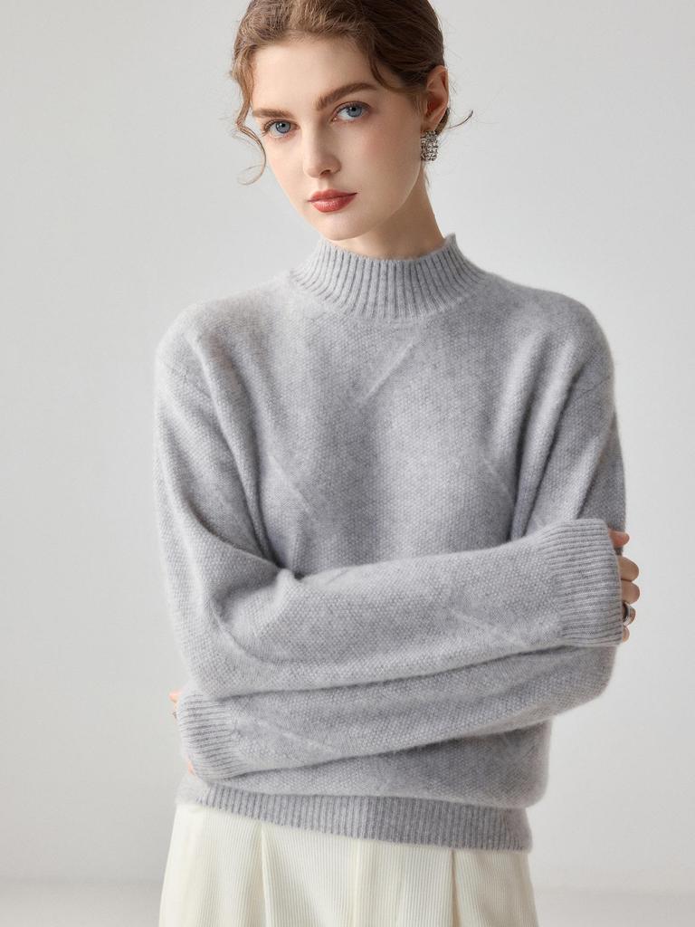 Women's Cashmere Jacquard Knit Sweater - Light Luxury Half-High Neck, Long Sleeve, Loose Fit, Skin-Friendly Base Layer.