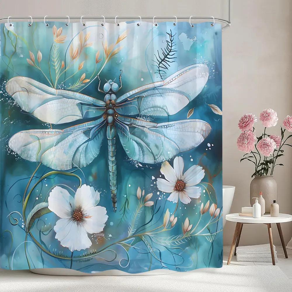 Dragonfly Pattern Printed Shower Curtain Watercolour Painting Botanical Flower Art Creative Fabric Shower Curtains Bathroom Deco