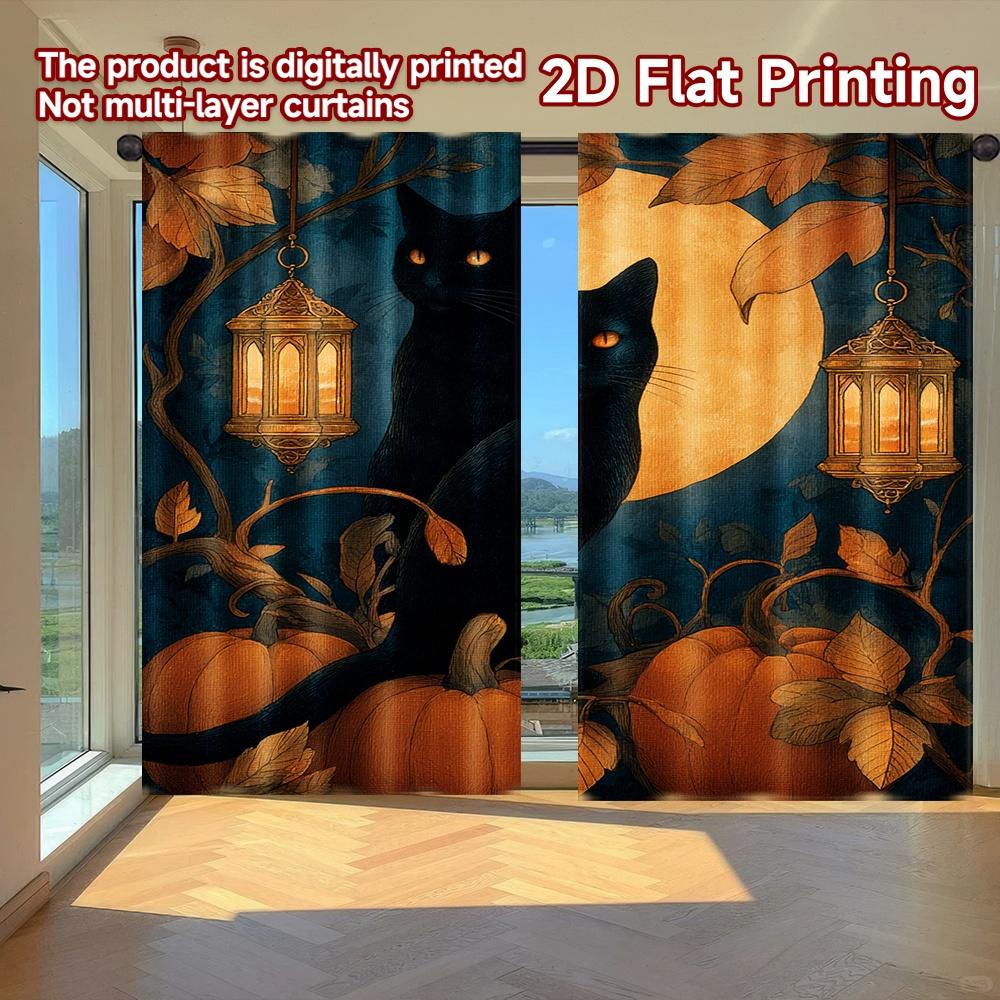 

Set Of 2 Minimalist Flat Printing Curtains Without Rod Halloween Black Cat Lanterns Easter Festival Semi Curtain With Light Filtering Polyester W100*H70(CM)-Grommet top&2PCS