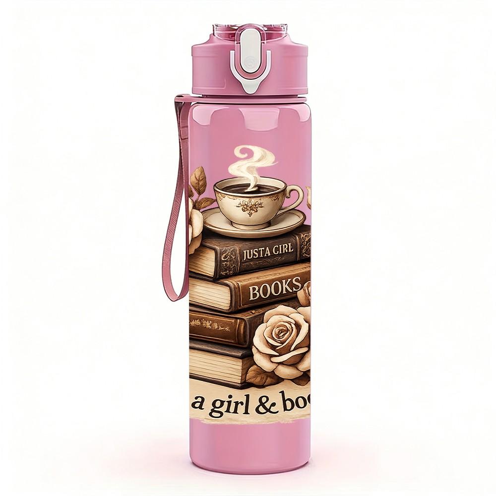 1PC Vintage Books Rose Coffee Print 750ml Color Plastic Sports Water Bottle Leakproof Flip Straw Lid Suitable for Sports Office Home Use