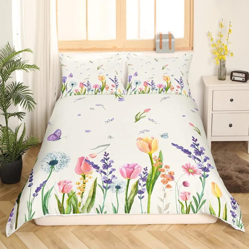 Lavender King Queen Duvet Cover Purple Flower Butterfly Bedding Set Abstract Marble Floral Comforter Cover Polyester Quilt Cover