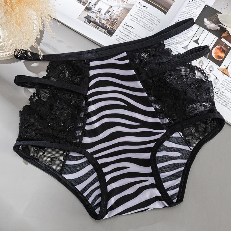 Damen Frühling und Sommer Sexy Spitze Leopardenmuster mit hohlem hohlem atmungsaktivem hohen Bund reiner Baumwollschritt Unterwäsche