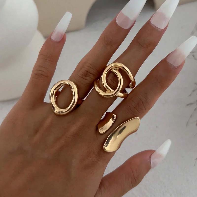 Hiphop Punk Exaggerated Asymmetrical Ring Set for Women Men Fashion Minimalist Geometric Hollow Round Unique Design Ring Jewelry