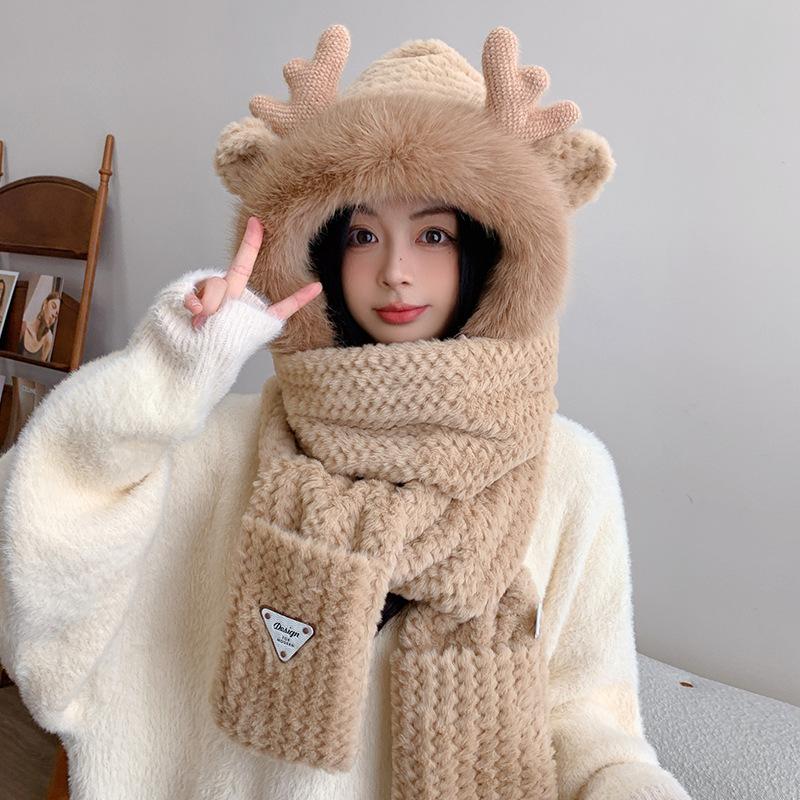 Hat Women's New Winter Cute Scarf Gloves Plush Hat Integrated Thickened Warm Elk Hat Three-piece Set
