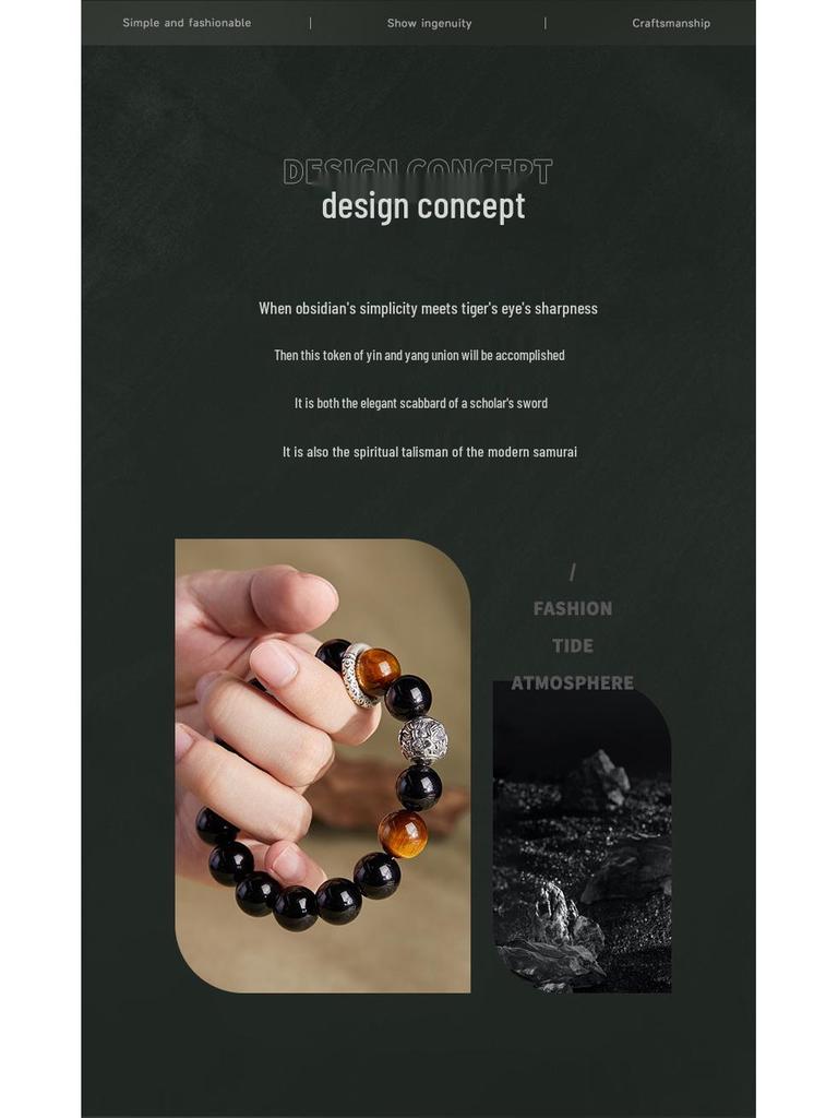 Min Yue S925 Sterlingsilber Sicherheitsverschluss Herren Obsidian & Goldener Tigerauge Perlen Retro Armband - Hochwertiges Geschenk für Freund