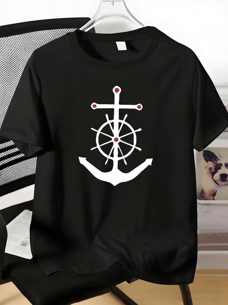 Anchor Wheel Cross Marine Graphic Unisexs Cotton Crew Neck Short Sleeve Loose Summer Male Casual Tee Nautical Sailor Daily Wear Top