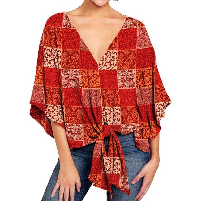 Damen Casual Blumenhemd Sommerstil V-Ausschnitt Kurzarm Fledermausärmel Lockeres Hemd Bohemian Stil Frontknoten Oberteil