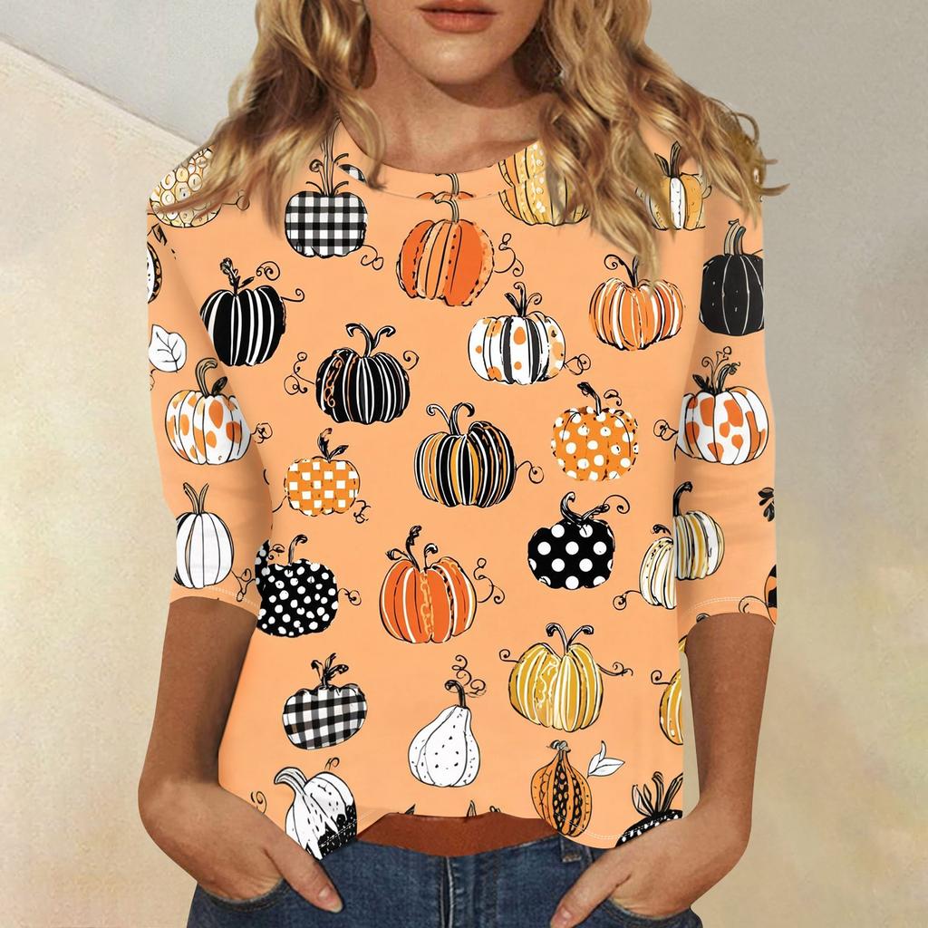 Women's Casual 3/4 Sleeve Halloween Print Round Neck Top Lightweight Comfortable Fit Seasonal Graphic Shirt