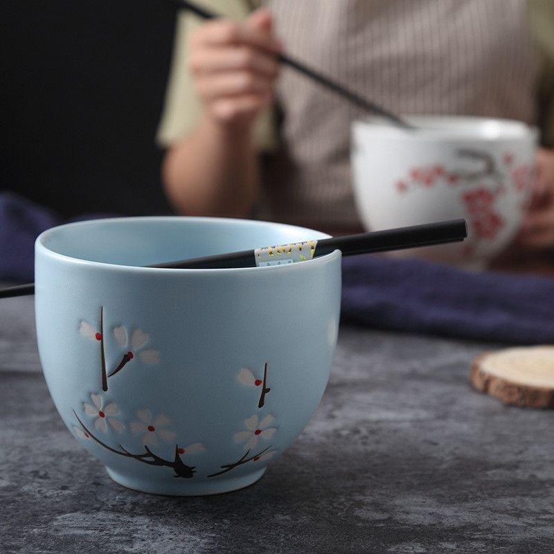 BEPAN Japanese Owl Chopstick Bowl Single Tableware Household Instant Noodles with Perforated Ceramic Simple Rice Bowl