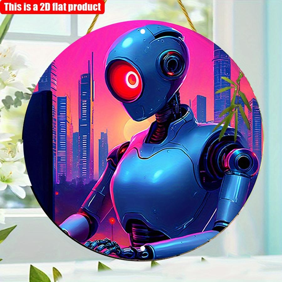 2D Flat 20*20cm1pc City Sunset scenery Blue Robot pattern Circular Hanging ornament, Futurist Urban Landscape Theme Wooden decoration, Application