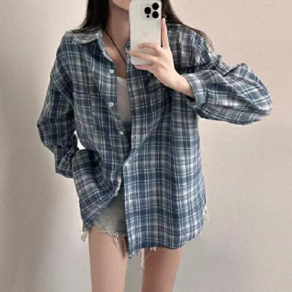 Korean Style Women s Plaid Shirt Top Plaid Shirt Loose and Versatile Thin Shirt Jacket S