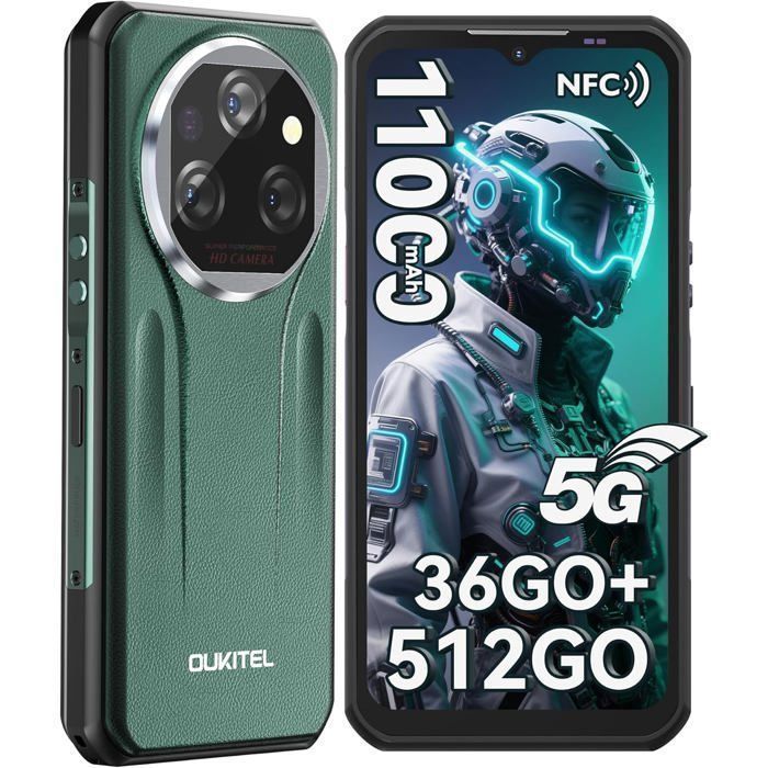 OUKITEL WP39 Pro Smartphone Robuste 5G 36Go+512Go 6.6" FHD+ 11000mAhh 64MP Telephone Incassable Android 14 Dual SIM/NFC/GPS - Vert