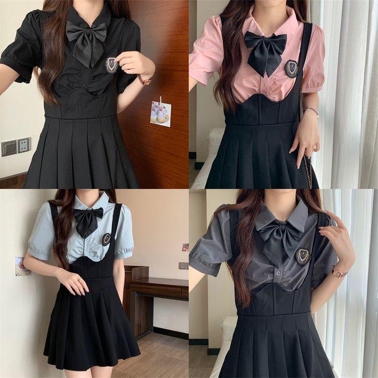 Plus Size Fishbone A-Line Strap Skirt and College Style Shirt Set - Slimming JK Design