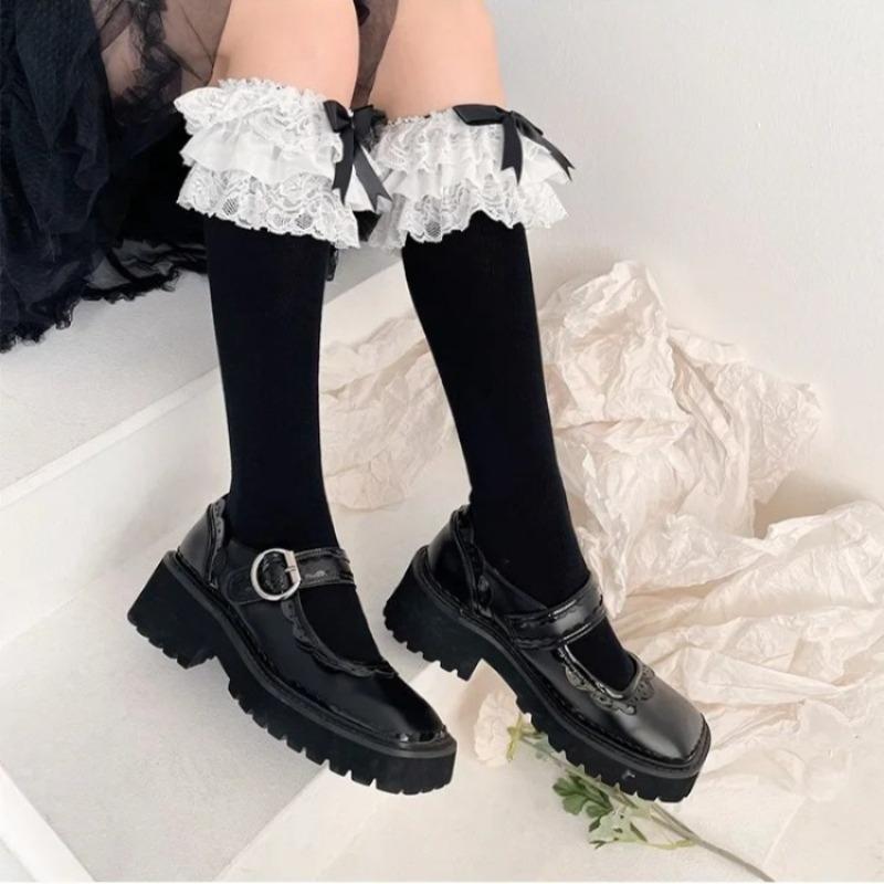 Lolita Kawaii Chaussettes à Volants Bas pour Femmes Mignon Noeud Filles Douces Genouillères Style Japonais Noir Blanc Longs Bas Bas pour Femmes One Size black